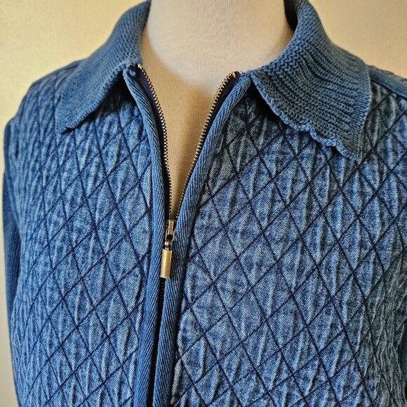 Vintage 90s Y2K Blast Indigo Blue Quilted Body Knit Sleeves Zip Jacket Sweater L - Picture 4 of 9